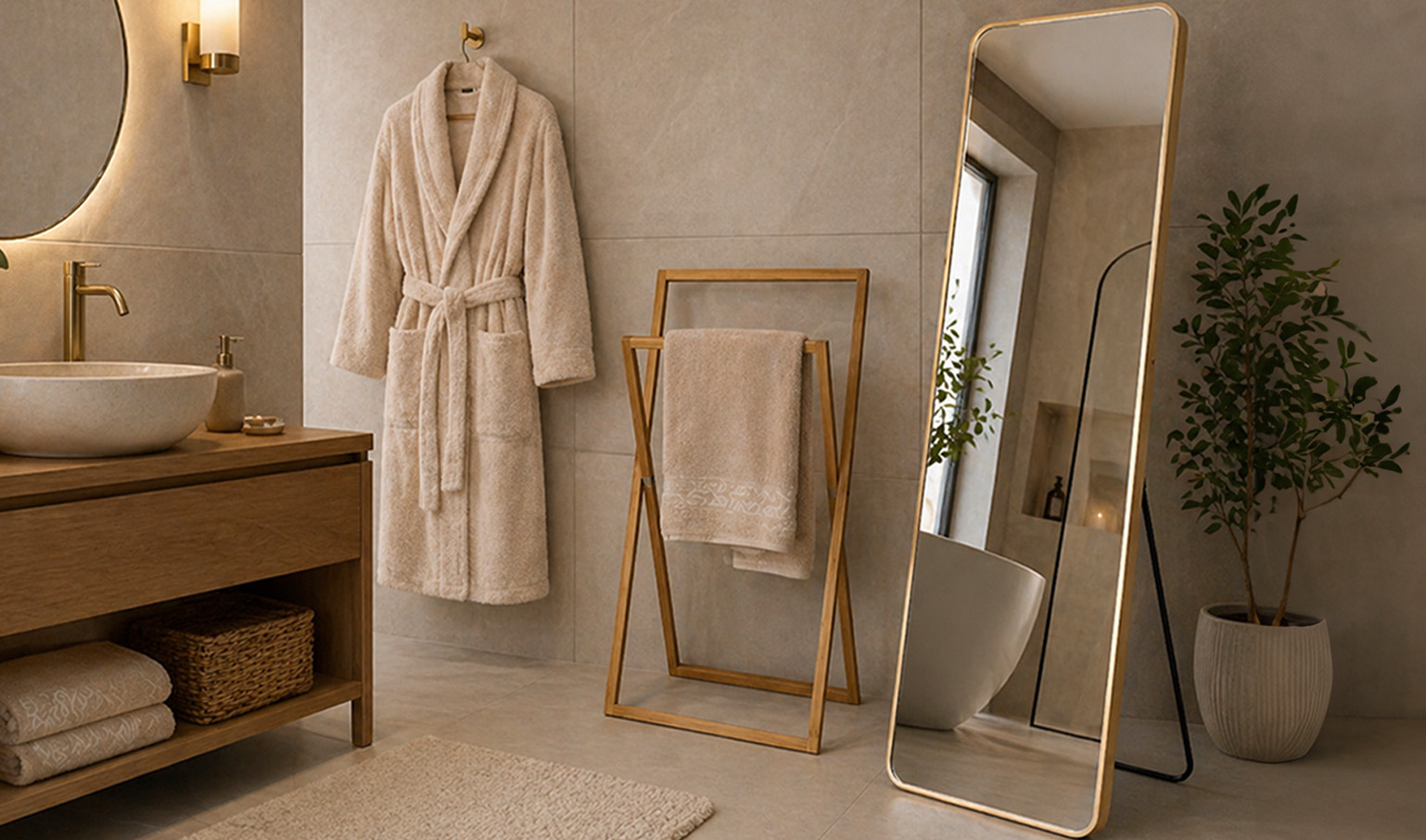Bathroom textiles and d&eacute;cor arranged for a warm, relaxed home spa feel.